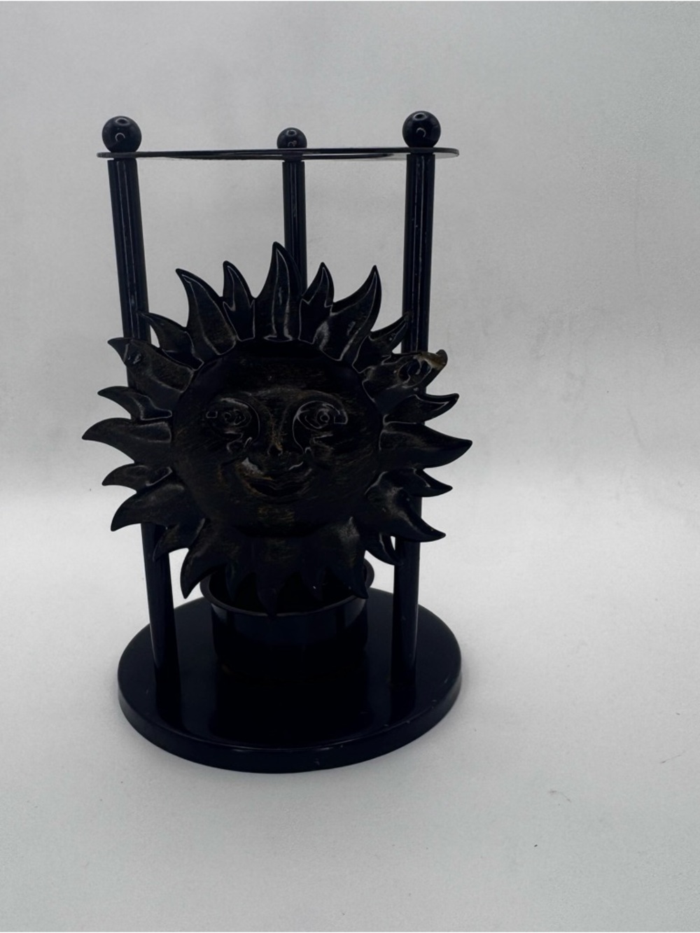 Sun Face Tealight Candle Holder Blue/Black Metal 5” Boho Decor - Picture 2 of 6